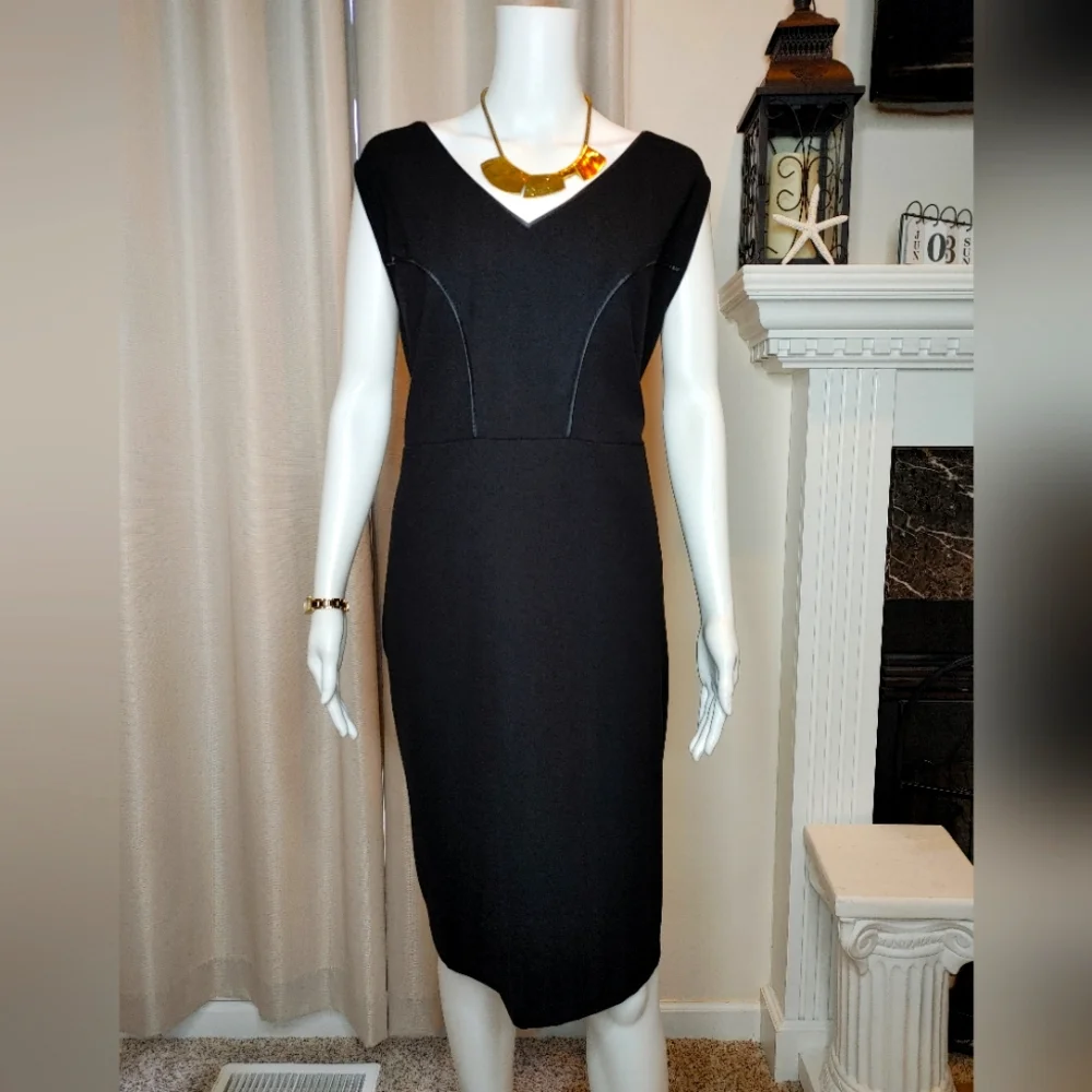 TART COLLECTIONS V-NECK MIDI DRESS WITH PU LEATHER TRIM, BLACK 2X - Picture 1 of 8